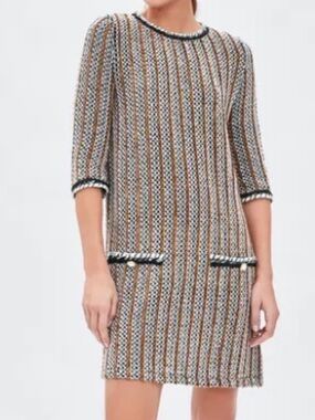 Zara trafaluc tweed knit yellow black dress classy size L